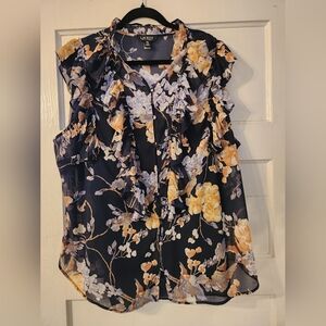 Lauren Ralph Lauren Blouse, Blue Floral Ruffle Top w/ tank Size 2X, EUC Spring